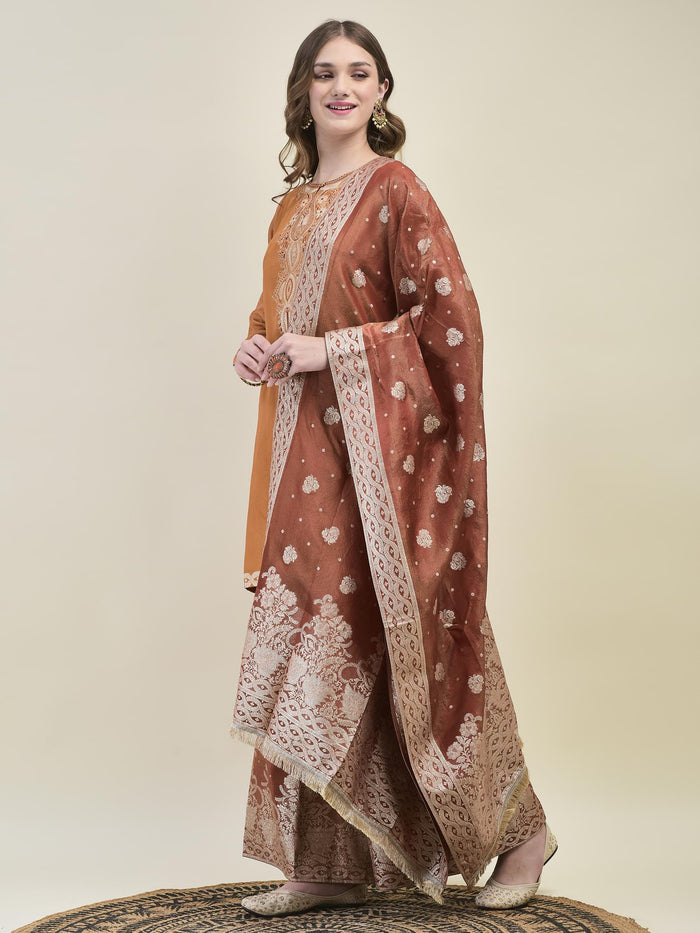 Women Dola Jacquard Rust Woven Kurta Wide Leg Pant Dupatta.