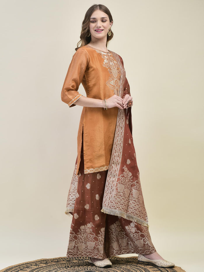 Women Dola Jacquard Rust Woven Kurta Wide Leg Pant Dupatta.