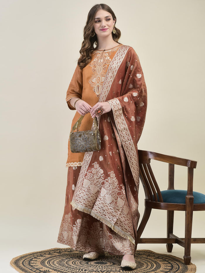 Women Dola Jacquard Rust Woven Kurta Wide Leg Pant Dupatta.
