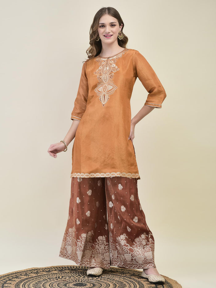 Women Dola Jacquard Rust Woven Kurta Wide Leg Pant Dupatta.