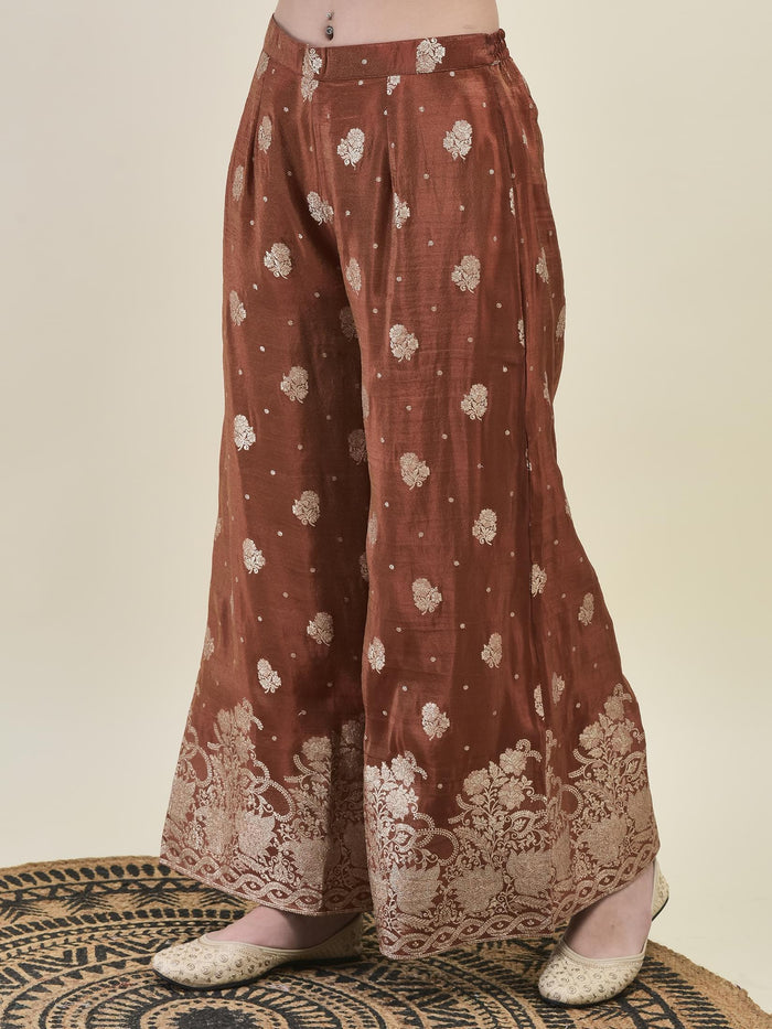 Women Dola Jacquard Rust Woven Kurta Wide Leg Pant Dupatta.