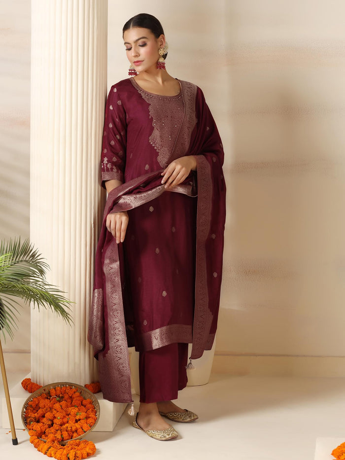 Women Dola Silk Jacquard Burgundy Woven Kurta Comfort Pant Dupatta.
