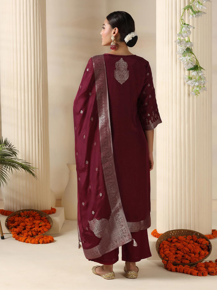 Women Dola Silk Jacquard Burgundy Woven Kurta Comfort Pant Dupatta.
