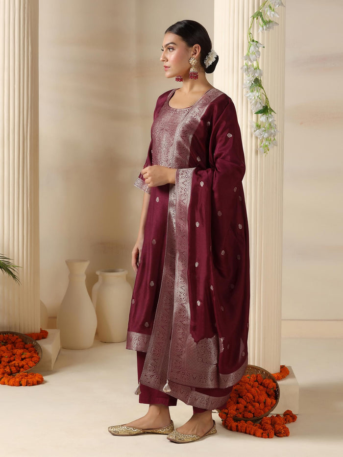 Women Dola Silk Jacquard Burgundy Woven Kurta Comfort Pant Dupatta.