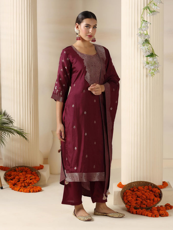 Women Dola Silk Jacquard Burgundy Woven Kurta Comfort Pant Dupatta.