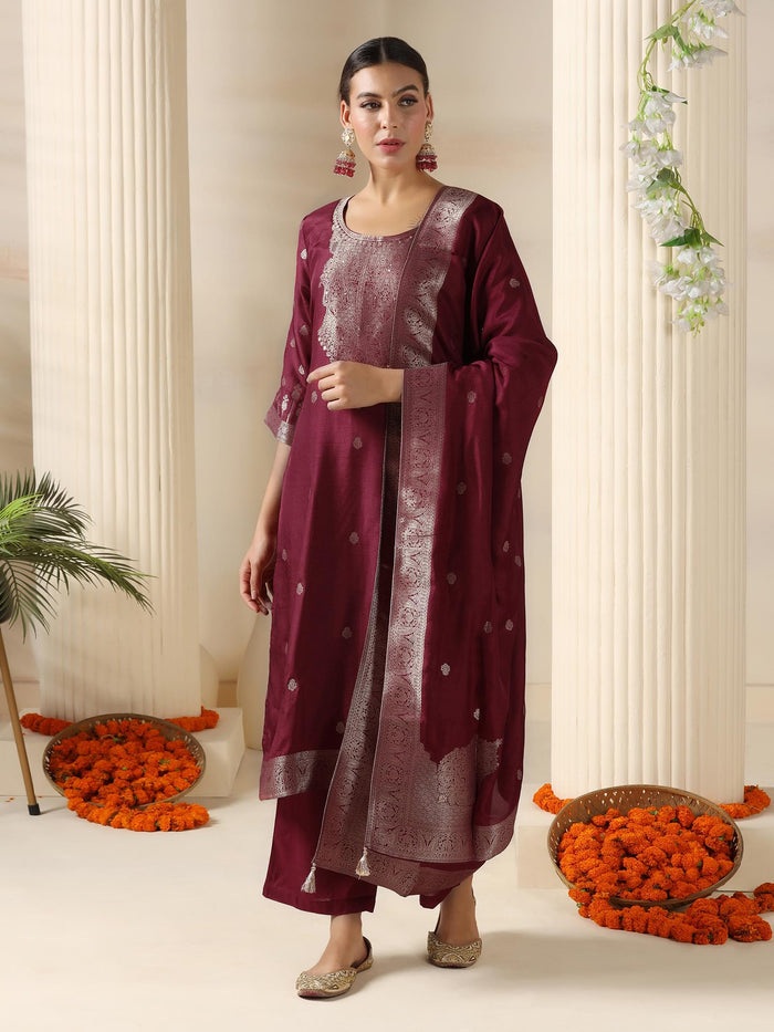 Women Dola Silk Jacquard Burgundy Woven Kurta Comfort Pant Dupatta.