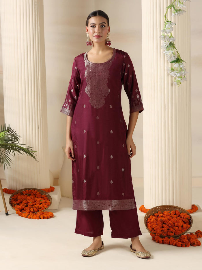 Women Dola Silk Jacquard Burgundy Woven Kurta Comfort Pant Dupatta.
