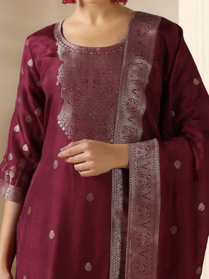 Women Dola Silk Jacquard Burgundy Woven Kurta Comfort Pant Dupatta.
