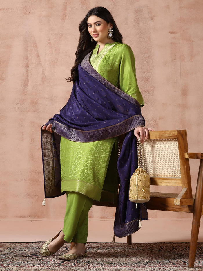 Women Dola Silk Jacquard Green Woven Kurta Comfort Pant Dupatta.