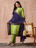 Women Dola Silk Jacquard Green Woven Kurta Comfort Pant Dupatta.