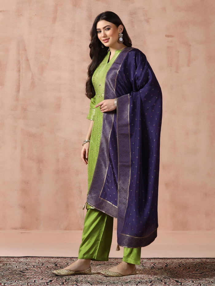 Women Dola Silk Jacquard Green Woven Kurta Comfort Pant Dupatta.