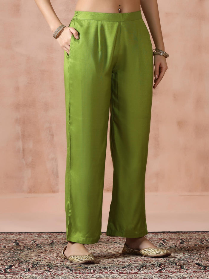 Women Dola Silk Jacquard Green Woven Kurta Comfort Pant Dupatta.