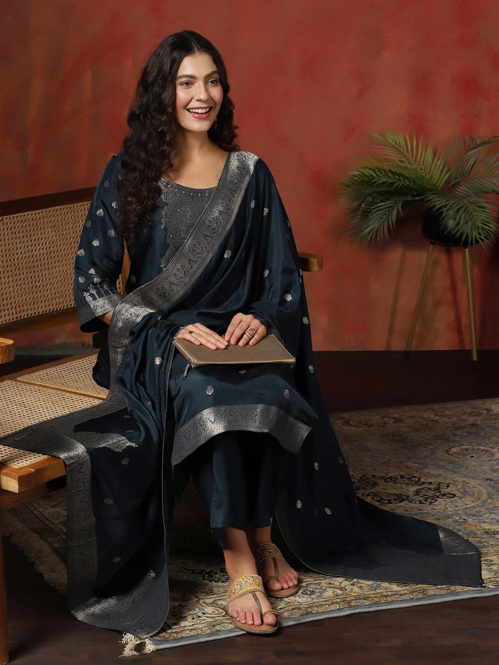 Women Dola Silk Jacquard Navy Blue Woven Kurta Comfort Pant Dupatta.