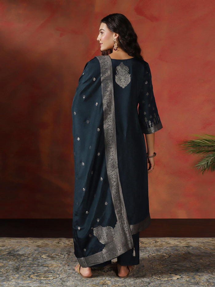 Women Dola Silk Jacquard Navy Blue Woven Kurta Comfort Pant Dupatta.