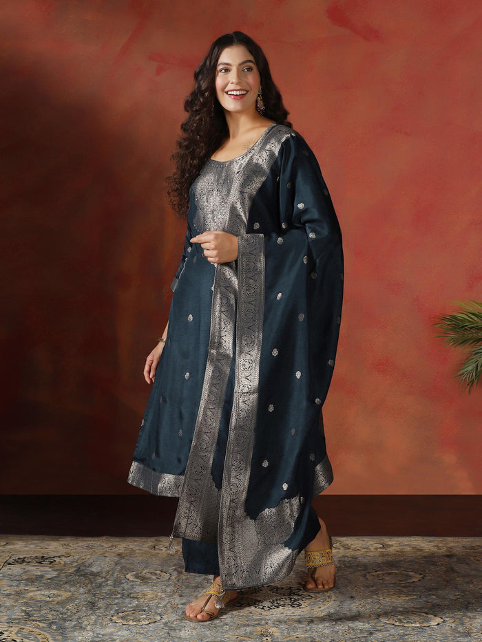 Women Dola Silk Jacquard Navy Blue Woven Kurta Comfort Pant Dupatta.