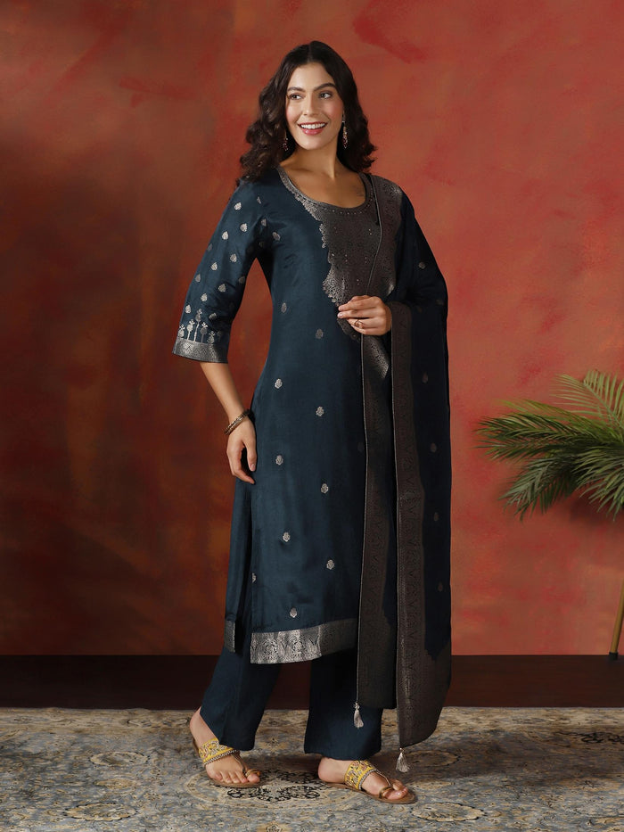 Women Dola Silk Jacquard Navy Blue Woven Kurta Comfort Pant Dupatta.
