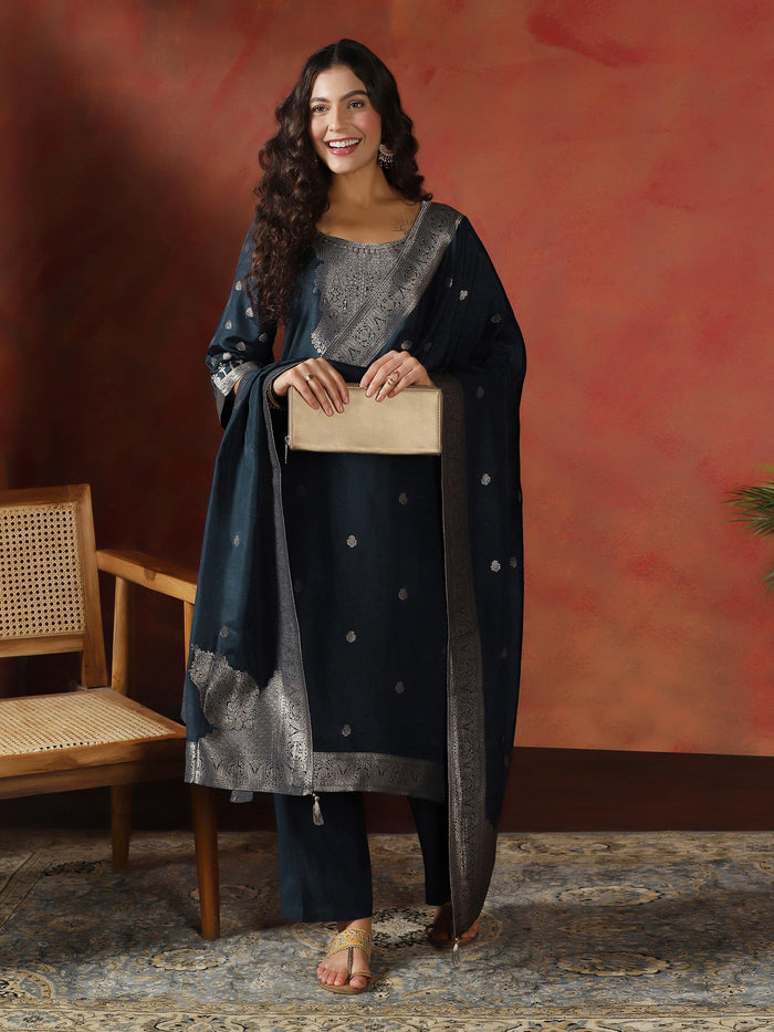 Women Dola Silk Jacquard Navy Blue Woven Kurta Comfort Pant Dupatta.