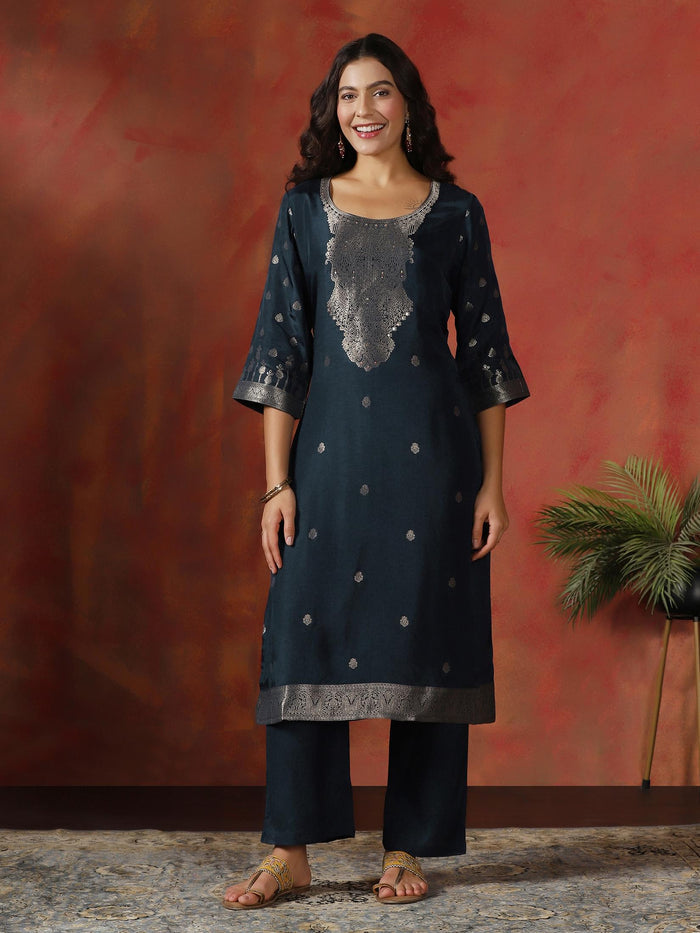 Women Dola Silk Jacquard Navy Blue Woven Kurta Comfort Pant Dupatta.