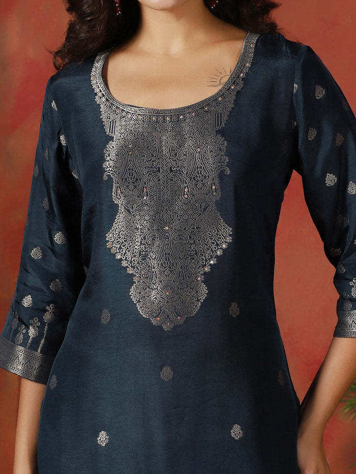 Women Dola Silk Jacquard Navy Blue Woven Kurta Comfort Pant Dupatta.