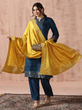 Women Dola Silk Jacquard Peacock Blue Woven Kurta Comfort Pant Dupatta.