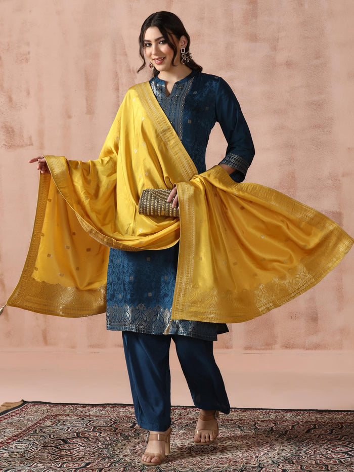 Women Dola Silk Jacquard Peacock Blue Woven Kurta Comfort Pant Dupatta.