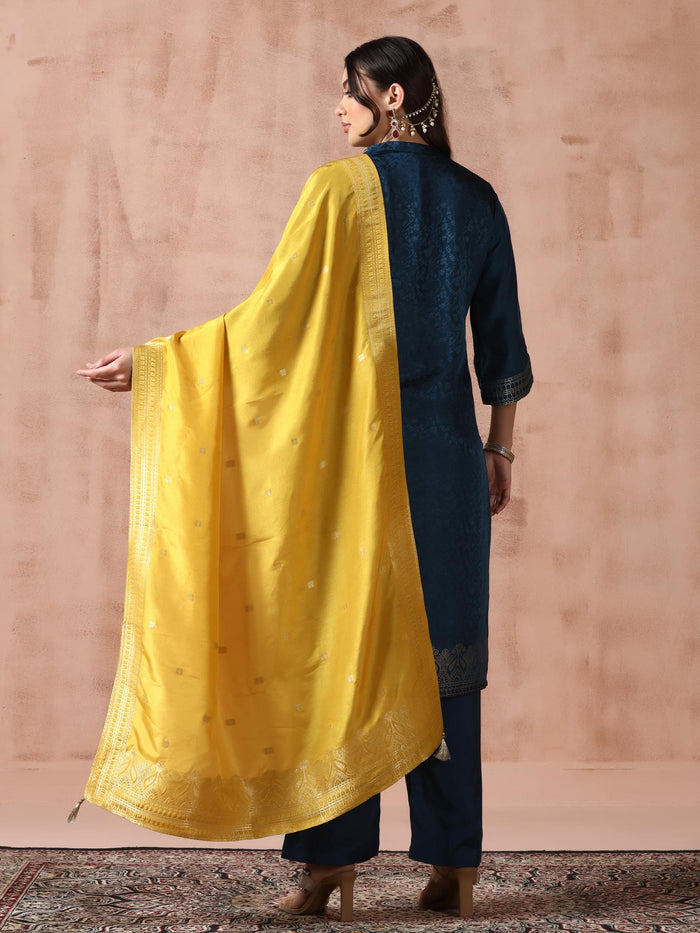 Women Dola Silk Jacquard Peacock Blue Woven Kurta Comfort Pant Dupatta.