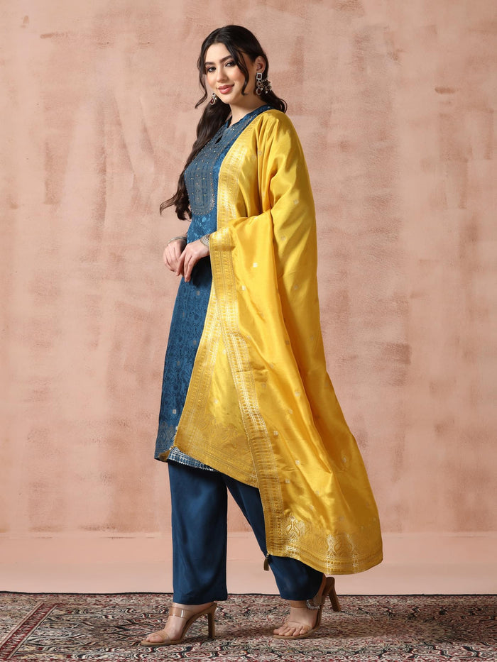 Women Dola Silk Jacquard Peacock Blue Woven Kurta Comfort Pant Dupatta.