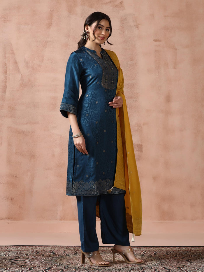 Women Dola Silk Jacquard Peacock Blue Woven Kurta Comfort Pant Dupatta.