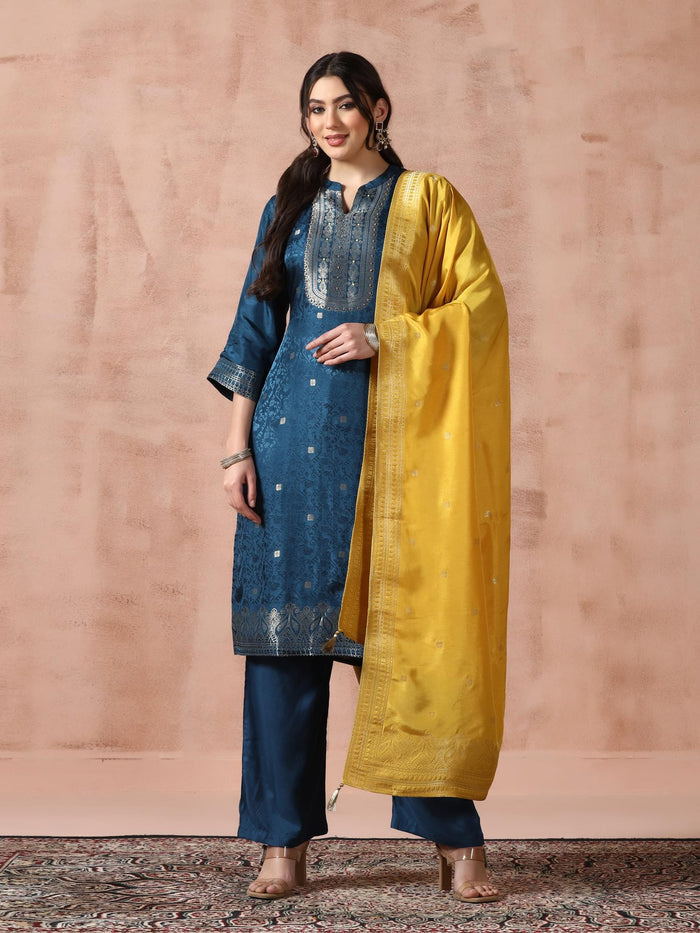 Women Dola Silk Jacquard Peacock Blue Woven Kurta Comfort Pant Dupatta.