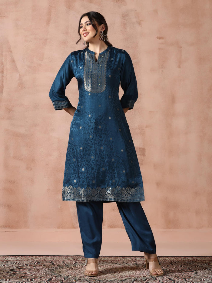 Women Dola Silk Jacquard Peacock Blue Woven Kurta Comfort Pant Dupatta.