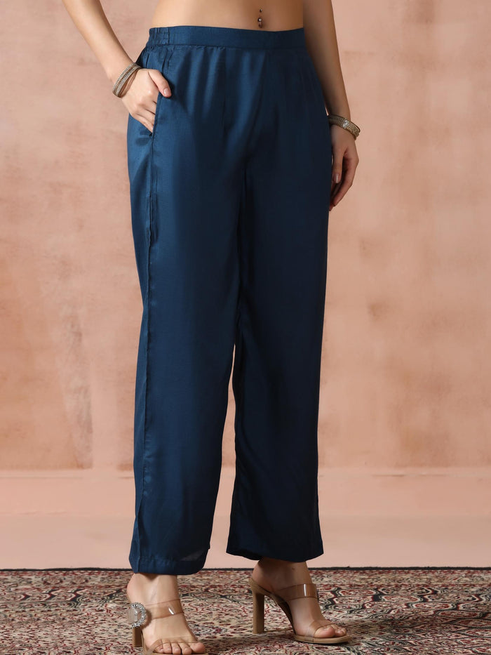 Women Dola Silk Jacquard Peacock Blue Woven Kurta Comfort Pant Dupatta.