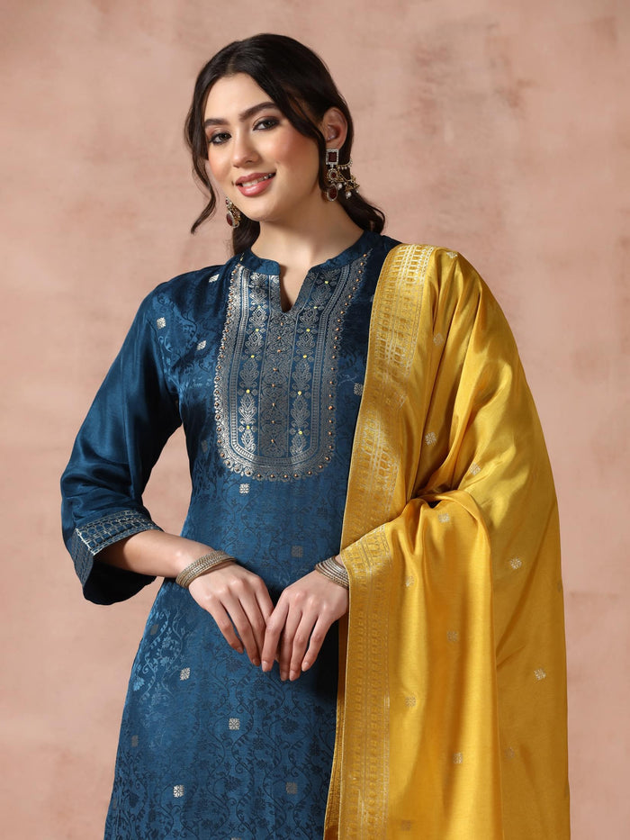 Women Dola Silk Jacquard Peacock Blue Woven Kurta Comfort Pant Dupatta.