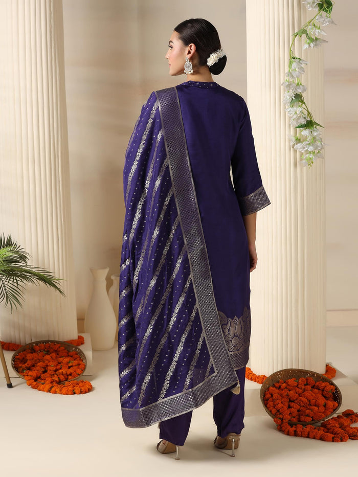 Women Dola Silk Jacquard Purple Kurta Comfort Pant Dupatta.