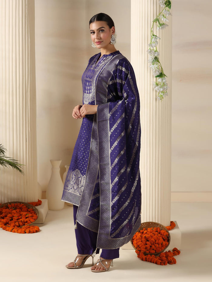 Women Dola Silk Jacquard Purple Kurta Comfort Pant Dupatta.