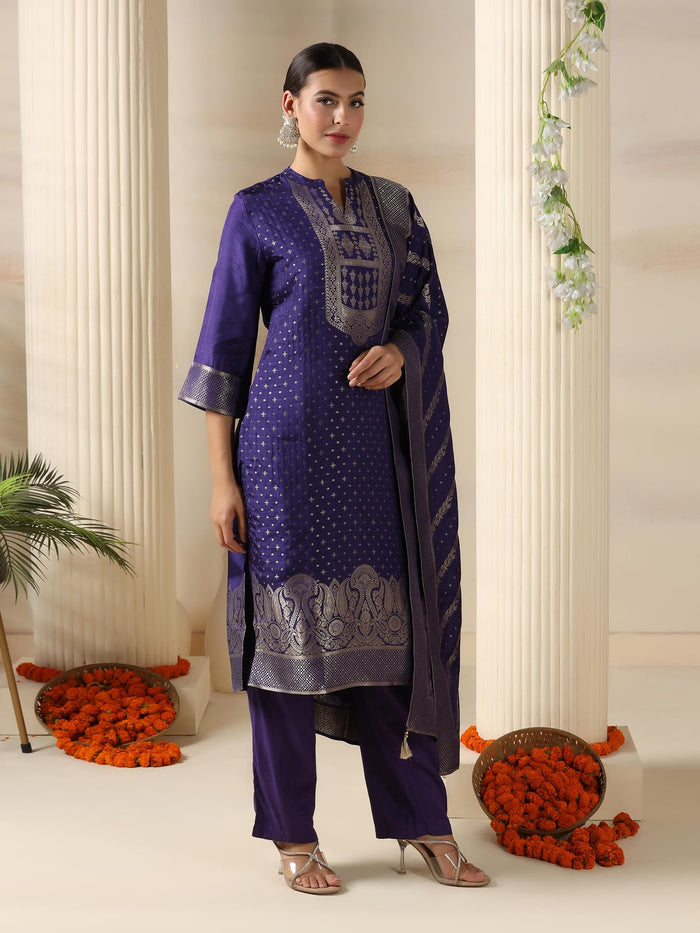 Women Dola Silk Jacquard Purple Kurta Comfort Pant Dupatta.
