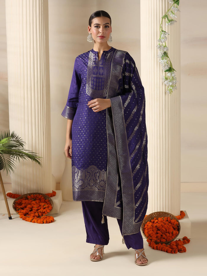 Women Dola Silk Jacquard Purple Kurta Comfort Pant Dupatta.