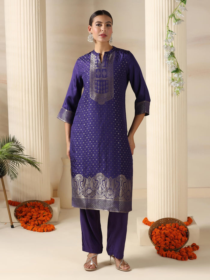 Women Dola Silk Jacquard Purple Kurta Comfort Pant Dupatta.