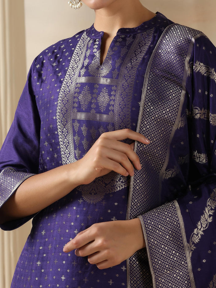 Women Dola Silk Jacquard Purple Kurta Comfort Pant Dupatta.
