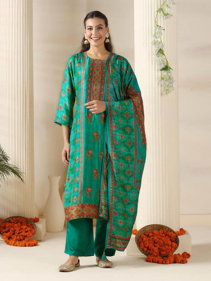Women Dola silk Jacquard Turquoise Blue Kurta Comfort Pant Dupatta.