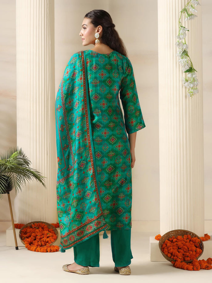 Women Dola silk Jacquard Turquoise Blue Kurta Comfort Pant Dupatta.