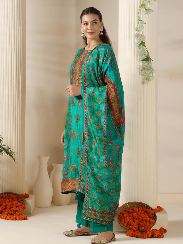 Women Dola silk Jacquard Turquoise Blue Kurta Comfort Pant Dupatta.