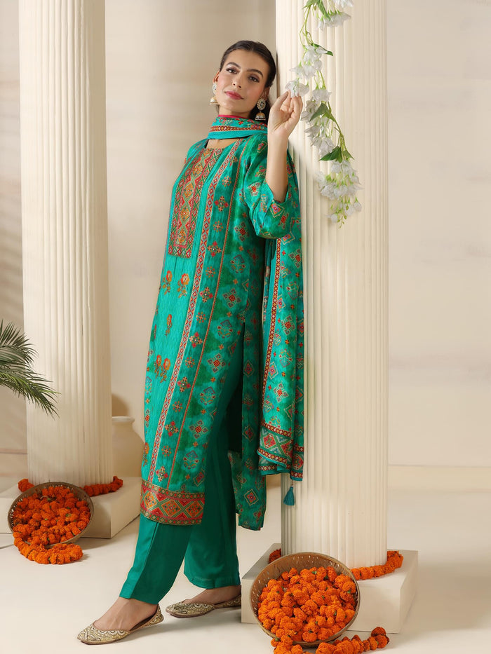 Women Dola silk Jacquard Turquoise Blue Kurta Comfort Pant Dupatta.