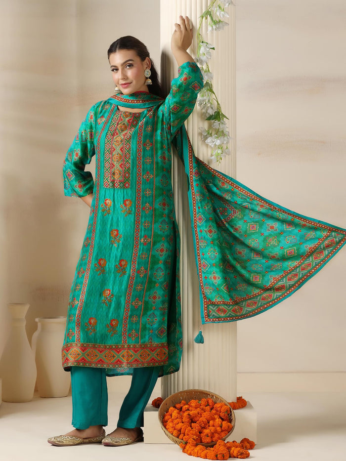 Women Dola silk Jacquard Turquoise Blue Kurta Comfort Pant Dupatta.