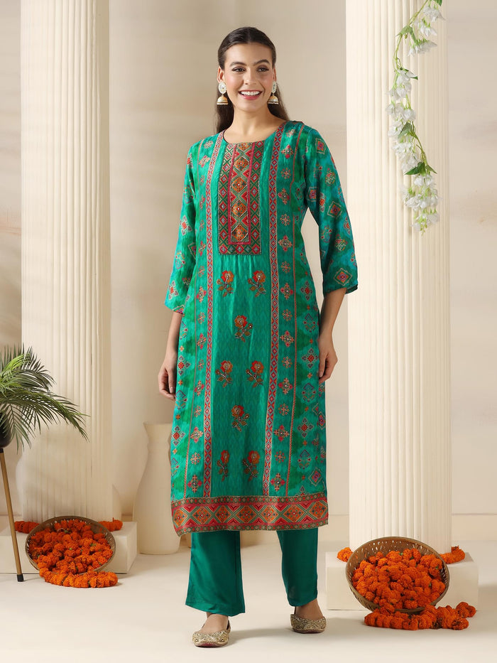 Women Dola silk Jacquard Turquoise Blue Kurta Comfort Pant Dupatta.