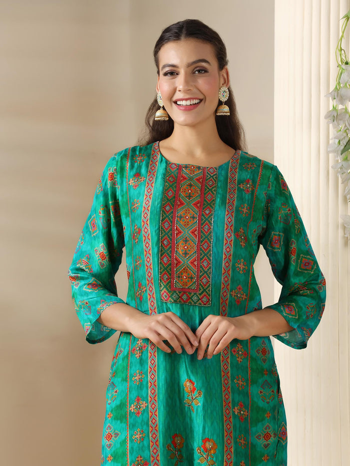 Women Dola silk Jacquard Turquoise Blue Kurta Comfort Pant Dupatta.