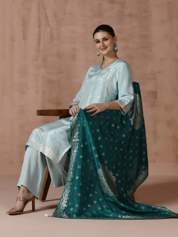 Women Dola Silk Jacquard Turquoise Blue Woven Kurta Comfort Pant Dupatta.