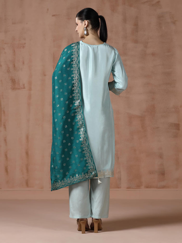 Women Dola Silk Jacquard Turquoise Blue Woven Kurta Comfort Pant Dupatta.