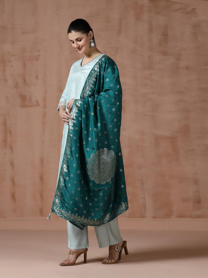 Women Dola Silk Jacquard Turquoise Blue Woven Kurta Comfort Pant Dupatta.