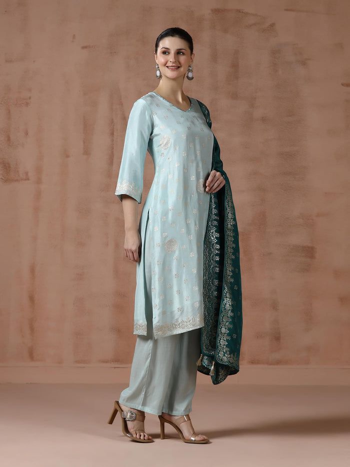Women Dola Silk Jacquard Turquoise Blue Woven Kurta Comfort Pant Dupatta.