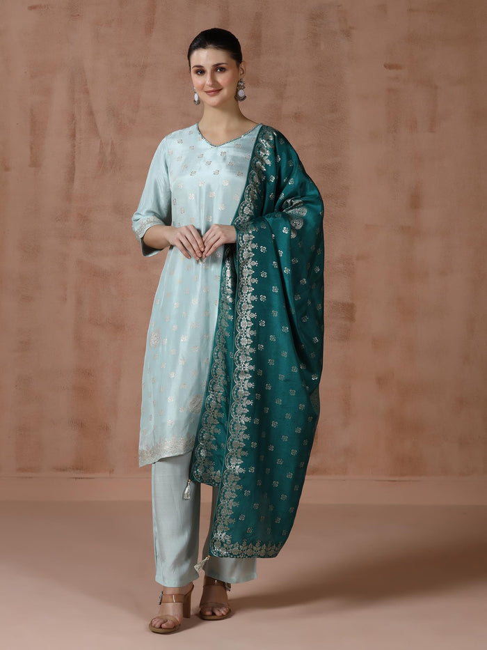 Women Dola Silk Jacquard Turquoise Blue Woven Kurta Comfort Pant Dupatta.